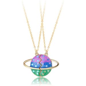 Bixorp Friends BFF Ketting voor 2 met Planeet - Goudkleurig met Glitters & Magneet - Vriendschapsketting Cadeau