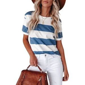 Modieus T-shirt dames - Zomer - Blauw wit gestreept - Ronde hals - Korte mouw