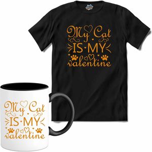 My Cat Is My Valentine | Valentijn - Valentijnsdag - Cadeau - Kado - T-Shirt met mok - Unisex - Zwart - Maat XL