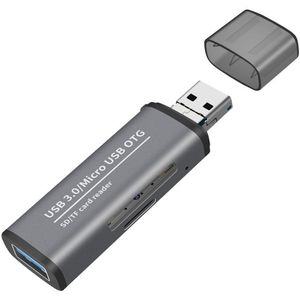 USB 3.0 + Micro-USB naar USB 3.0 Female + SD + Micro-SD (tf) kaartlezer adapter kabel connector - cardreader - geheugenkaart lezer voor o.a. telefoon en laptop - grijs