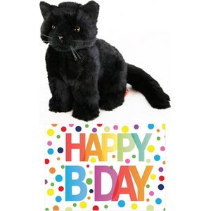 Cadeau Setje Pluche Zwarte Kat/Poes Knuffel 20 cm met Grote A5 Formaat Happy Birthday Wenskaart