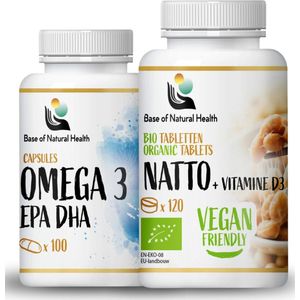 Omega 3 epa DHA 100 stuks, BIO Natto + Vitamine D3 630 mg - Kit - Ondersteunt immuniteit - Gezondheid en conditie verbeteren - Gezonde botten en spieren - Natuurlijke ingrediënten - Omega 3 Visolie - Voedingssupplementen - Omega 3 Capsules