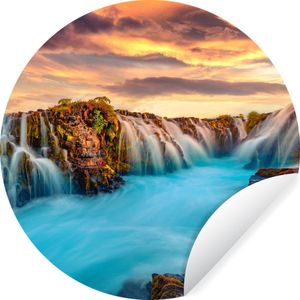 Behangcirkel - Watervallen - Zonsondergang - Landschap - 50x50 cm - Zelfklevend behang - Behangcirkel zelfklevend - Behang cirkel - Rond behang - Ronde wanddecoratie