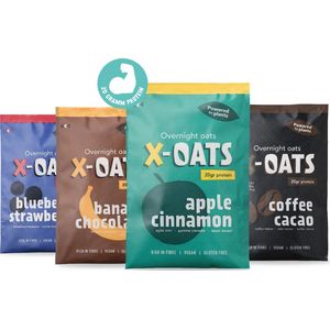 X-OATS-LEKKERE ONTBIJTSHAKE-hoog in proteïne, laag in suiker| 16x70gr overnight oats shake |vegan en glutenvrij| maaltijdvervanger| gezond ontbijt/maaltijd |mixed smaken-16 pack [4x appel/kaneel,4x koffie/cacao,4x banaan/chocolade,4x bosbes/aardbei]