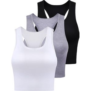 Dames Katoen Mouwloze Racerback Crop Top Set - Sport Tank Tops - Zwart, Wit, Grijs - Set van 3