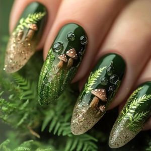 Glossy Backing Nails - Medium Almond Shaped Artificial Nails - Pottable Nails met Mushroom en Leaf