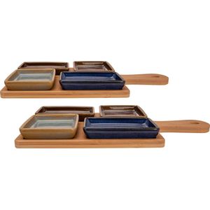Set van 2x stuks serveerplanken bamboe 29 x 20 cm met 8x luxe hapjes/saus/tapas schaaltjes