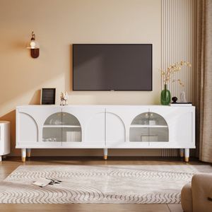 Elegante witte tv-kast met gebogen gecanneleerde glazen deuren, 4 deuren - 173 x 38 x 59 cm