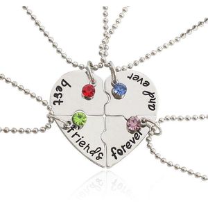 Bixorp Friends BFF Ketting voor 4 met Zilverkleurig Vierdelig Hartje en Kristalletjes - Vriendschapsketting Meisjes - Best Friends Ketting Vriendschap Cadeau voor Vier