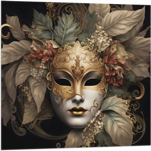 Vlag - Venetiaanse carnavals Masker met Gouden en Beige Details tegen Zwarte Achtergrond - 80x80 cm Foto op Polyester Vlag