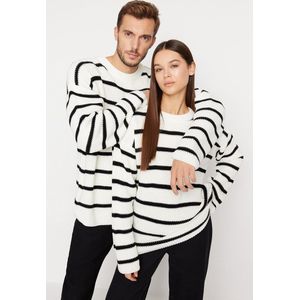 Trendyol Unisex Lage mouw Basis Ecru, unisex oversized pasvorm, brede pasvorm, gestreepte gebreide trui met ronde hals