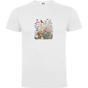 Wit T-Shirt met “Kleurrijke bloemen en vlinders - Veldboeket - Bloemenpracht - Voorjaar“ Print Full Color Maat S