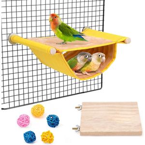 Hangmat vogelkooi papegaaien hangbed speelgoed vogelnest accessoires holletjes slaapplaatsen voor valkparkieten parkieten hamster vinken raceuse geel met standaard rotan bal