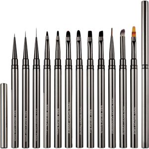 YUBBI Professionele Nail Art Penselen met Dop - 12 Delig - Nagellak Acryl Penselen - Fineliner Penseel - Gellak Penselen - Nail Brush - Metallic Grijs