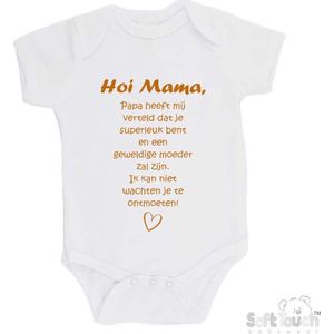 100% katoenen Romper met Tekst ""Hoi Mama..."" - Wit/tan - Maat 62/68 Zwangerschap aankondiging - Zwanger - Pregnancy announcement - Baby aankondiging - In verwachting