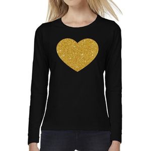 Hart van goud glitter t-shirt long sleeve zwart voor dames- zwart shirt met lange mouwen en gouden hart voor dames XS