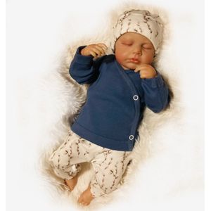 Driedelig unisex baby set Rib soft blauw met grijze blaadjes. Handgemaakte babykleding.