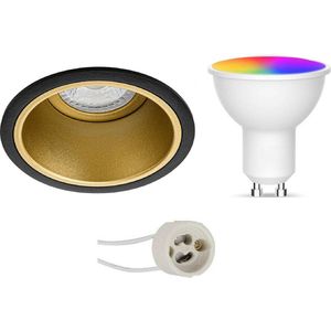 LED Spot Set GU10 - Facto - Smart LED - Wifi LED - Slimme LED - 5W - RGB+CCT - Aanpasbare Kleur - Dimbaar - Afstandsbediening - Pragmi Minko Pro - Inbouw Rond - Mat Zwart/Goud - Verdiept - Ø90mm