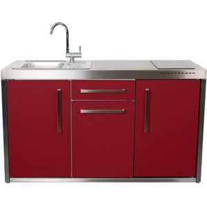 Minikeuken BeNeLux Stengel MO150 S voorgemonteerde metalen outdoor keuken met koelkast - inductie kookplaat - water en electriciteits aansluiting inclusief alle toebehoren - Rood Bordeaux