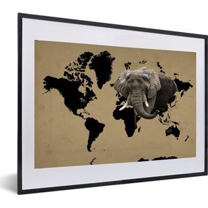 Fotolijst incl. Poster - Wereldkaart - Zwart - Olifant - 60x40 cm - Posterlijst