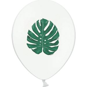 PARTYDECO - 6 witte latex ballonnen met groen tropisch blad - Decoratie > Ballonnen