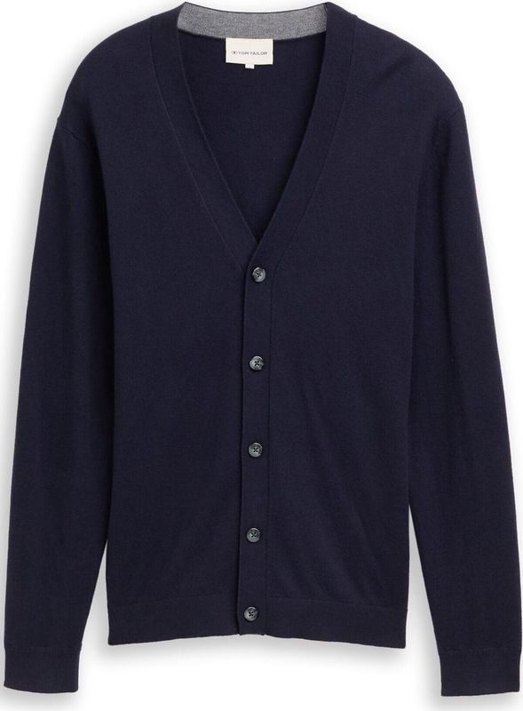 TOM TAILOR - Gebreid Vest - Navy - Katoen - Knoopsluiting - V-hals