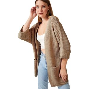 Happinessistanbul Grijs Oversized Gebreide Damesvest Met Lange Zakken As00003