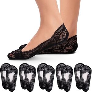 5 paar - No Show Lace-sokken voor dames - Antislip kanten sokken - sokken - antislip - lage onzichtbare bootsokken - Onzichtbare antislipsokken met kant - geschikt voor sneakers , hoge hakken , lage bootschoenen - zwart