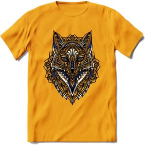 Vos - Dieren Mandala T-Shirt | Donkerblauw | Grappig Verjaardag Zentangle Dierenkop Cadeau Shirt | Dames - Heren - Unisex | Wildlife Tshirt Kleding Kado | - Geel - XXL