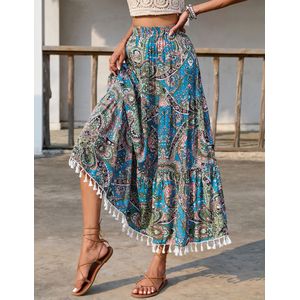 Dames Boho Midi-rok Zomerrok Casual hoge taille A-lijn strandrok Blauw L