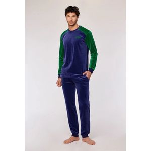 Woody pyjama jongens/heren velours - donkerblauw/groen - 'Nope' - 252-10-QRM-V/897 - maat XL