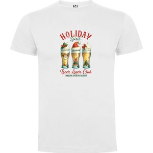 Wit T-Shirt met “Kleurrijke Kerst Holiday Spirit Beer Lover Club“ Print Full Color Maat S