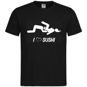 T-shirt Unisex Volwassenen Lol - Festival - carnaval - kermis - festival - vrijgezel - feestje - grappig - humor - Weekend - ""I love sushi"" | korte mouw | Zwart/wit | maat L