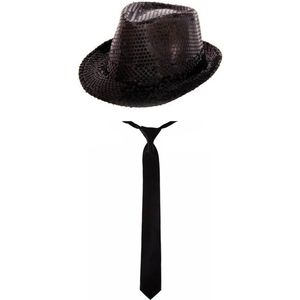 Toppers in concert - Folat Verkleedkleding set pailletten hoed / stropdas zwart volwassenen