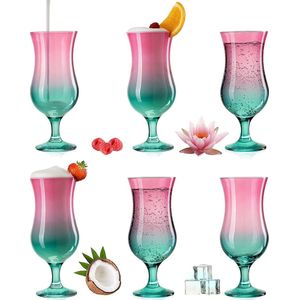 Cocktailglazen, roze, turquoise, set van 6 stuks, kleurrijk, 400 ml (max. 470 ml), longdrinkglazen, partyglazen, milkshake glas, groot