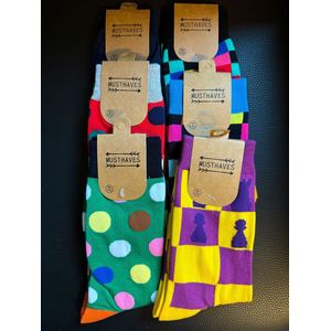 Sokken 6 PAAR verschillende prints in PAKKET maat 38 - 45 one size blokjes rondjes cirkels chess stippels schaken cadeautip!