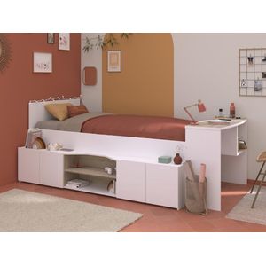 Combinatiebed 90 x 190/200 cm met bureau en opbergruimte - Wit en houtlook + bedbodem - JOCHIANE L 115.9 cm x H 90 cm x D 240.6 cm