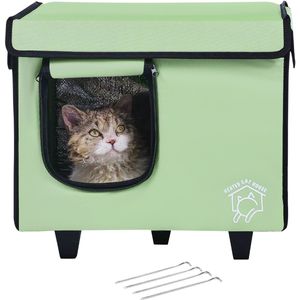Verhoogd Verwarmd Kattenhuis, Klein, Groen, Instelbare Temperatuur En Timer voor De Winter