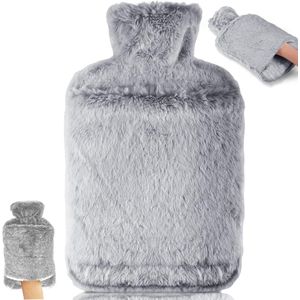Warmwaterkruik Met Zachte Hoes - Warmwaterkruik - Lekvrije 2L Grote kruik Met Kangoeroezak - Natuurlijk Rubber - Zachte Bedfles - Cadeaus Voor Mannen En Vrouwen - Grijs