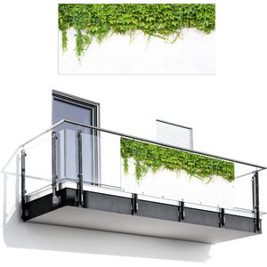 Balkonscherm 200x90 cm - Balkonposter Klimop - Groene bladeren - Muur - Wit - Balkon scherm decoratie - Balkonschermen - Balkondoek zonnescherm