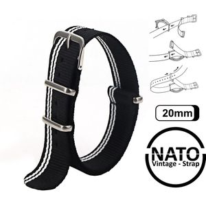 20mm Premium Nato Strap Zwart Wit - Vintage James Bond - Nato Strap collectie - Mannen - Horlogeband - 20 mm bandbreedte voor oa. Seiko Rolex Omega Casio en Citizen