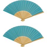 Spaanse handwaaier - 2x - special colours - turquoise blauw - bamboe/papier - 21 cm