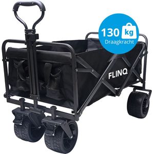FlinQ Bolderkar tot 130 KG - Opvouwbaar - Strandkar met Duwstang - Inklapbare Bolderwagen voor Strand - 100L Inhoud met Draaibare Wielen - Zwart