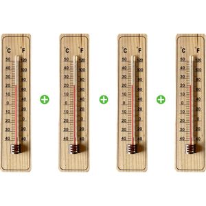 4x Buitenthermometer hout - Thermometer tuin - Temperatuurmeter binnen en buiten - Muurthermometer draadloos  -  Kozijnthermometer