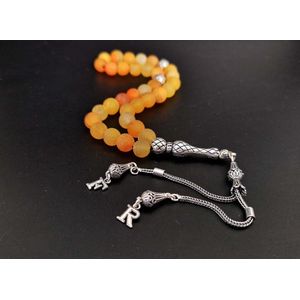 Tasbih- Zilver 925 en Natuursteen “Oranje frosted agaat” -Tasbih met tassel Twee “Letters”-Kies je letters, je tasbih-Mooi cadeau voor Moederdag, Vaderdag, vrienden en familie