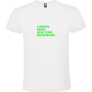 Wit T-Shirt met “ LONDON, PARIS, NEW YORK, BATENBURG “ Afbeelding Neon Groen Size XS