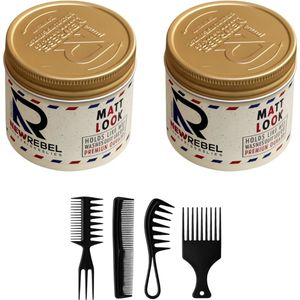 New Rebel MATT LOOK – Haar Wax (2 stuks x 125 ml) + 4-delige Zwarte Kammenset - Styling Haar Wax - Haar Wax Mannen