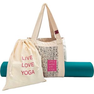 Yogatas: ruime yogamattas van 100% biologisch katoen, met zijvak voor de yogamat/sportmat, hoofdvak voor alle yogaaccessoires, plus aparte waszak