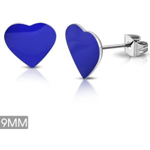 Aramat jewels ® - Hartjes oorbellen donker blauw emaille staal 9mm