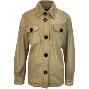 Dames Beige Echte Leren Blouse Met Zwarte Knopen – Raissa M